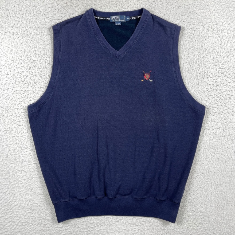 Polo Golf Sweater Vest Mens XL Navy Blue V-Neck Crest Logo Preppy Old Money